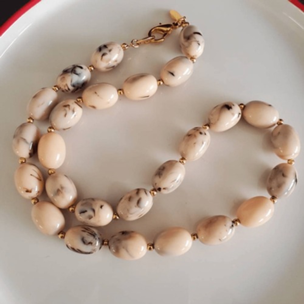 Joan Rivers Beaded Necklace Cream Colored with Black and Brown Swirls Gold Tone